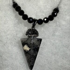 Elegant Black Spinel and Grey Marcasite topped Arrow shaped Pendant Necklace